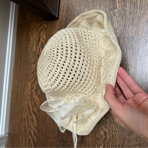 Vintage Beach Crochet Woven Beige Bow Floppy Hat Women’s Adult Size Feminine - Picture 8 of 16